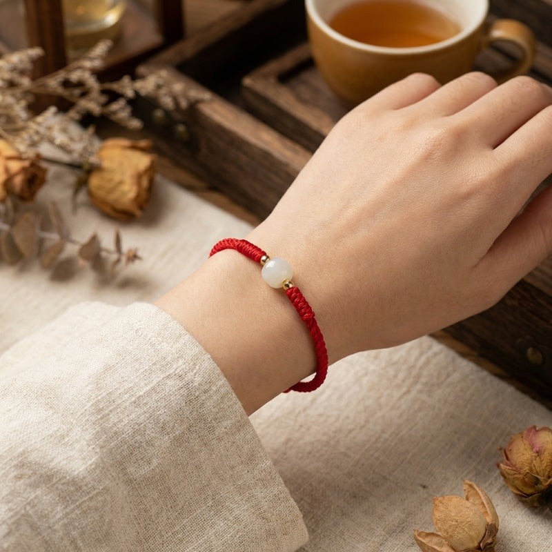 Red String Hetian Jade Bracelet – Feng Shui Lucky Charm for Protection & Prosperity