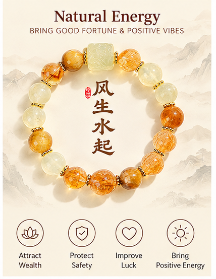 Rising Prosperity Golden Rutilated Quartz & Citrine Feng Shui Bracelet