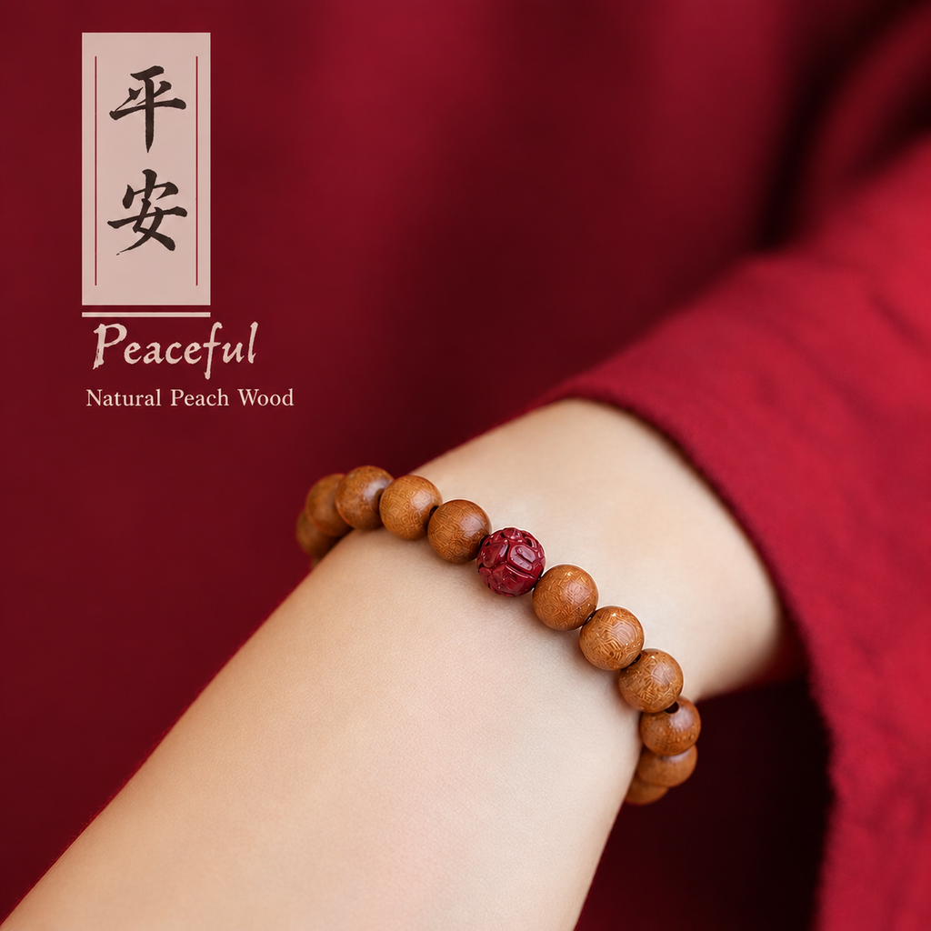Sacred Peach Wood & Cinnabar Protection Bracelet – Authentic Feng Shui Peace Talisman
