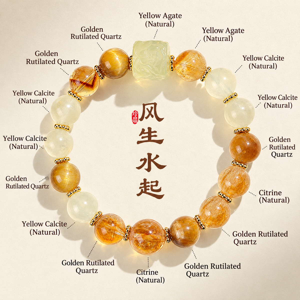 Rising Prosperity Golden Rutilated Quartz & Citrine Feng Shui Bracelet
