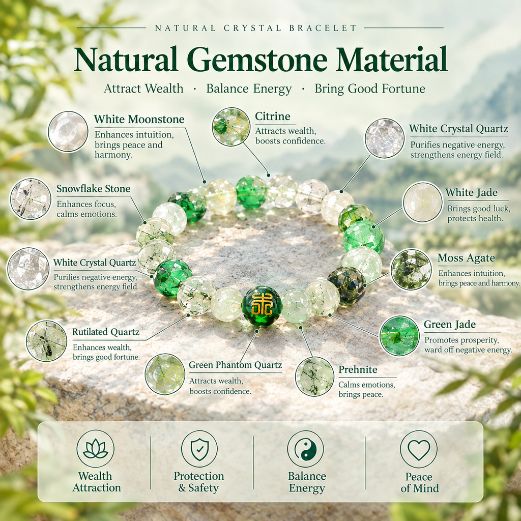 Five Elements Wood Crystal Wealth Bracelet | Natural Gemstone Feng Shui Jewelry