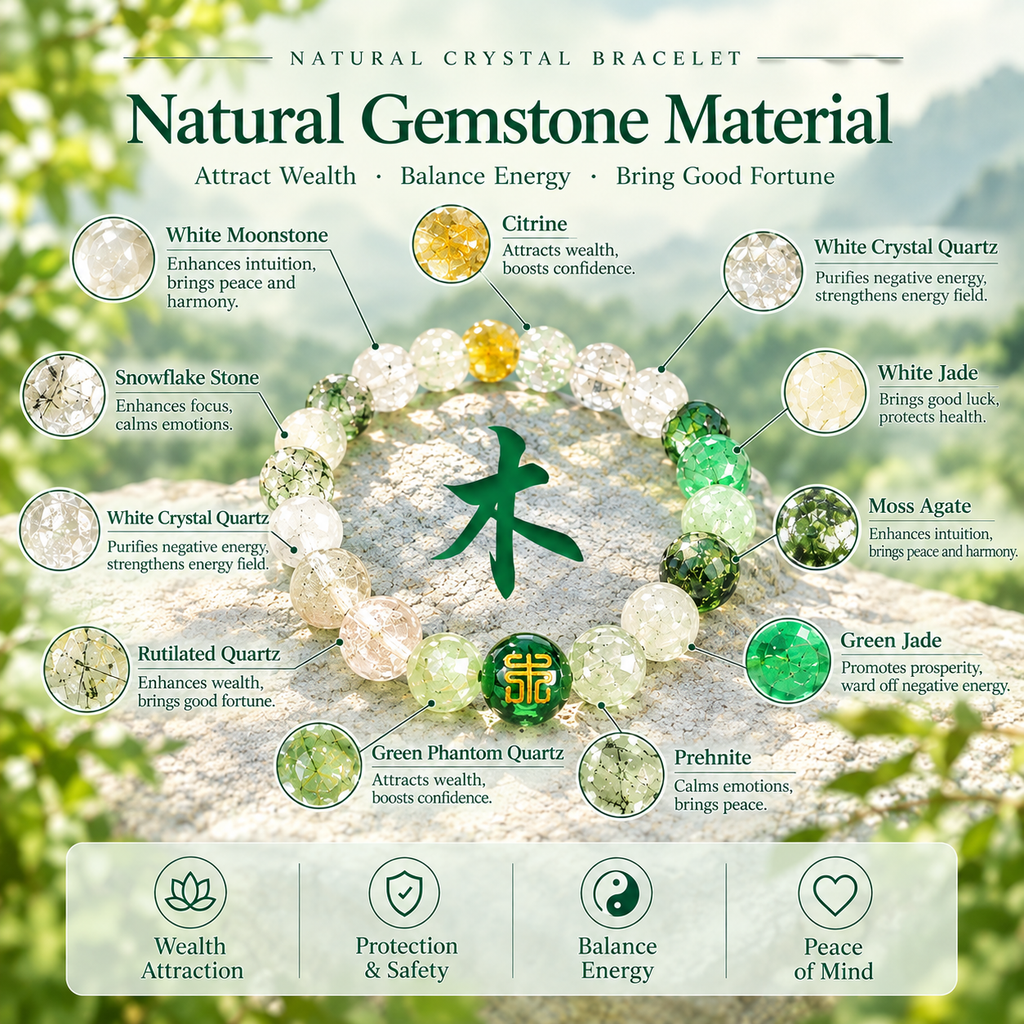Five Elements Wood Crystal Wealth Bracelet | Natural Gemstone Feng Shui Jewelry