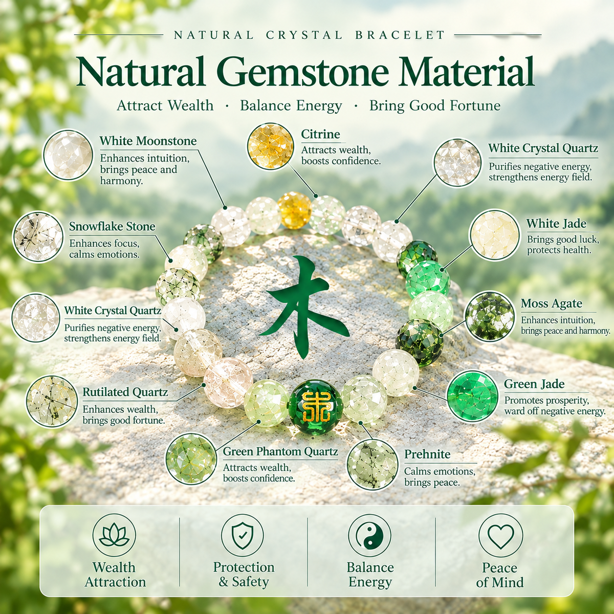 Five Elements Wood Crystal Wealth Bracelet | Natural Gemstone Feng Shui Jewelry