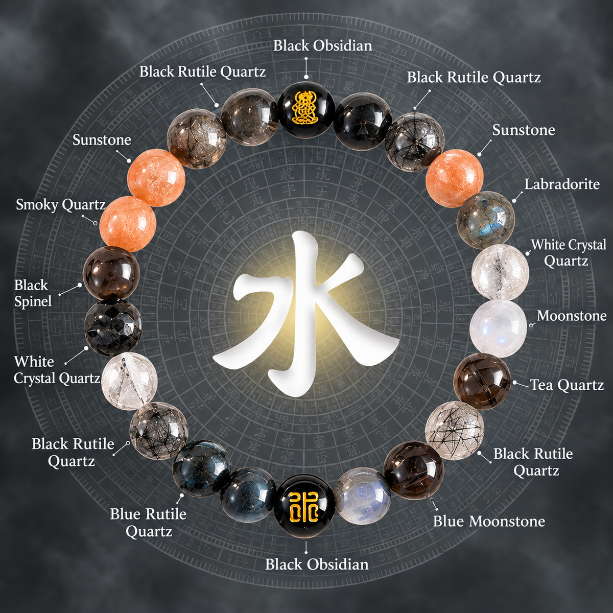Five Elements Water Crystal Blessing Bracelet | Natural Obsidian & Black Tourmaline Feng Shui Jewelry