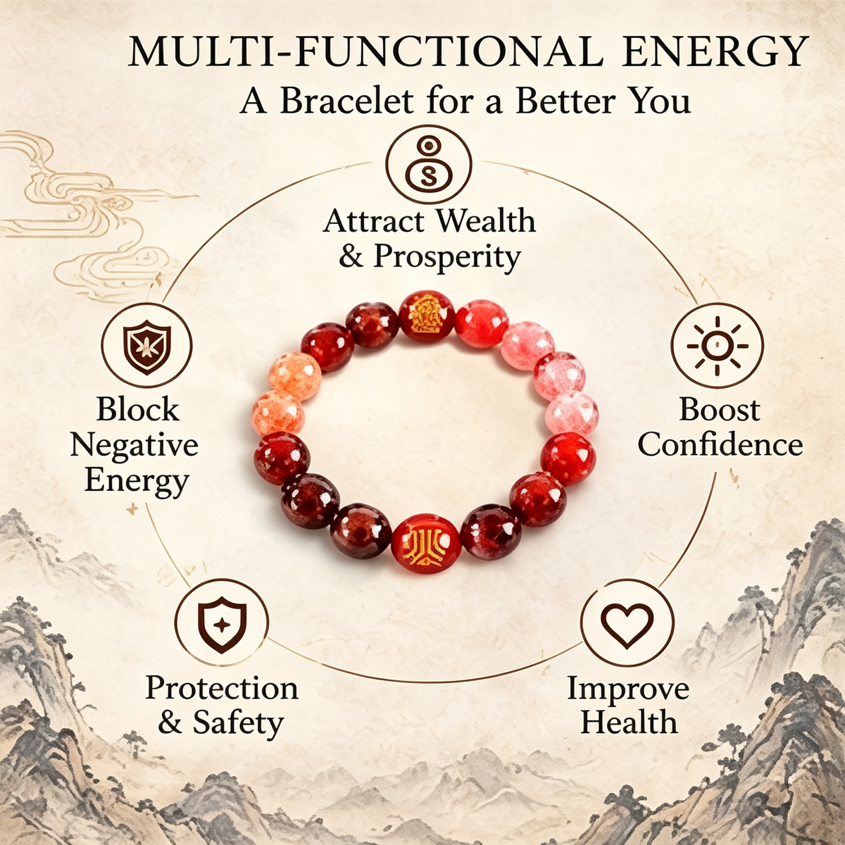Five Elements Fire Crystal Peace & Wealth Bracelet | Natural Red Agate Garnet Feng Shui Jewelry