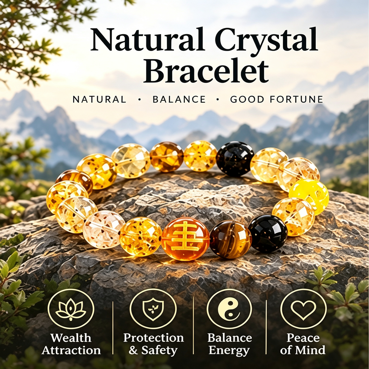 Five Elements Earth Crystal Wealth Bracelet | Natural Citrine Sunstone Feng Shui Jewelry