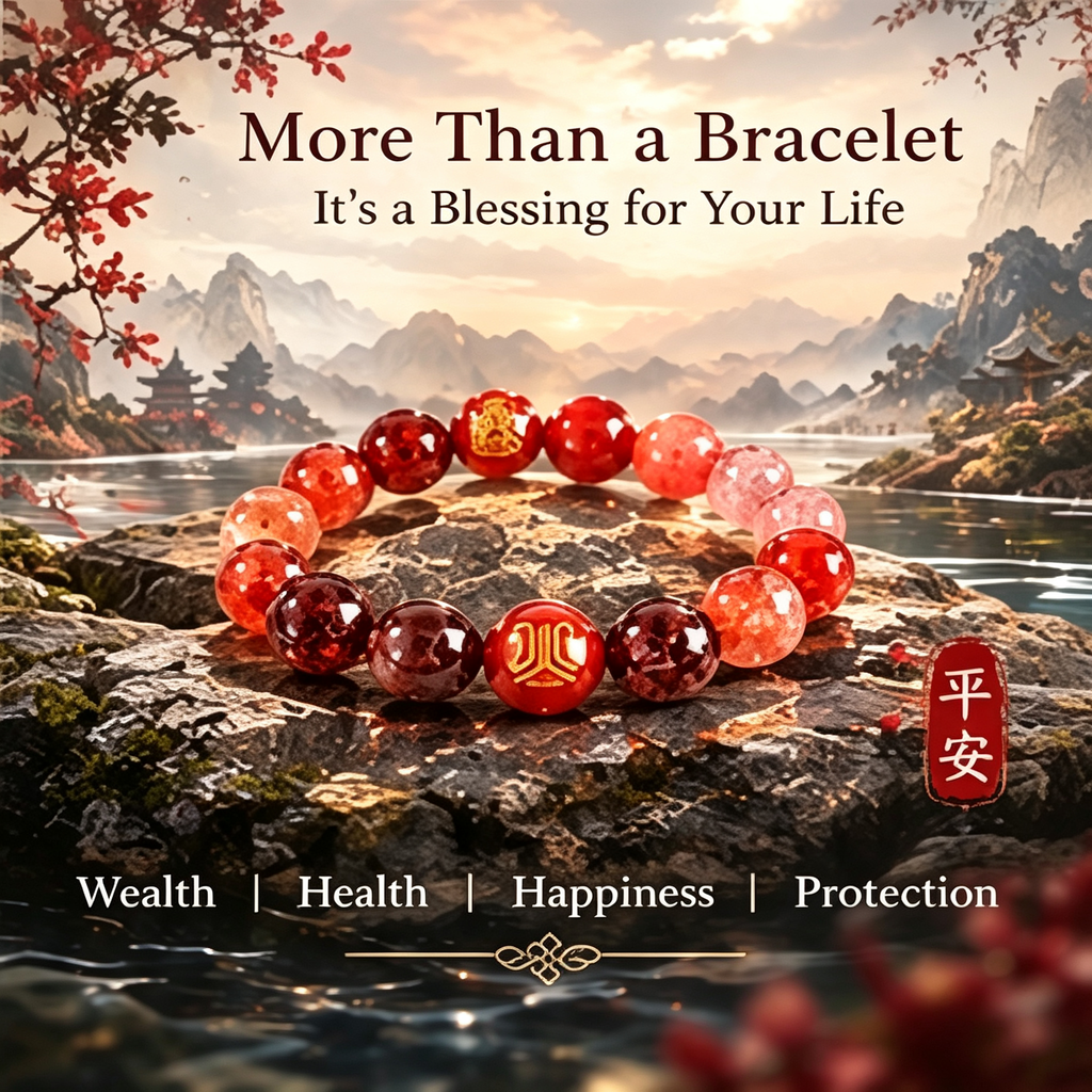 Five Elements Fire Crystal Peace & Wealth Bracelet | Natural Red Agate Garnet Feng Shui Jewelry