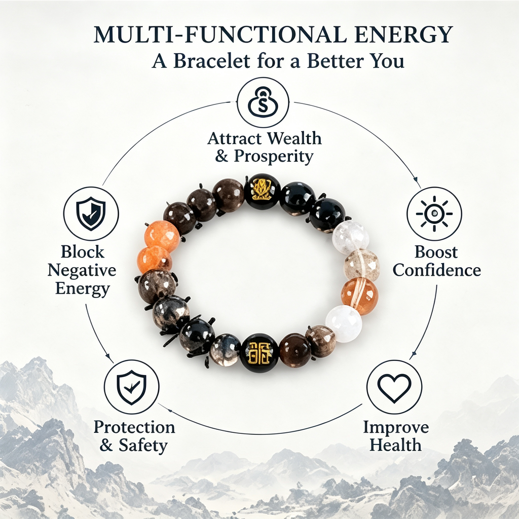 Five Elements Water Crystal Blessing Bracelet | Natural Obsidian & Black Tourmaline Feng Shui Jewelry