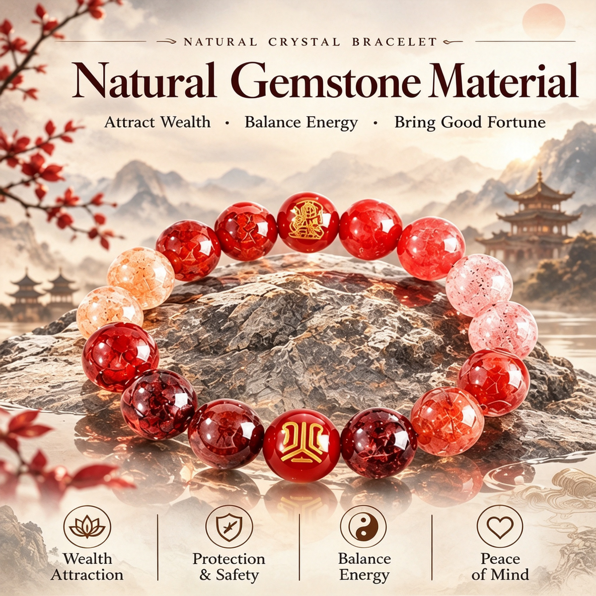 Five Elements Fire Crystal Peace & Wealth Bracelet | Natural Red Agate Garnet Feng Shui Jewelry