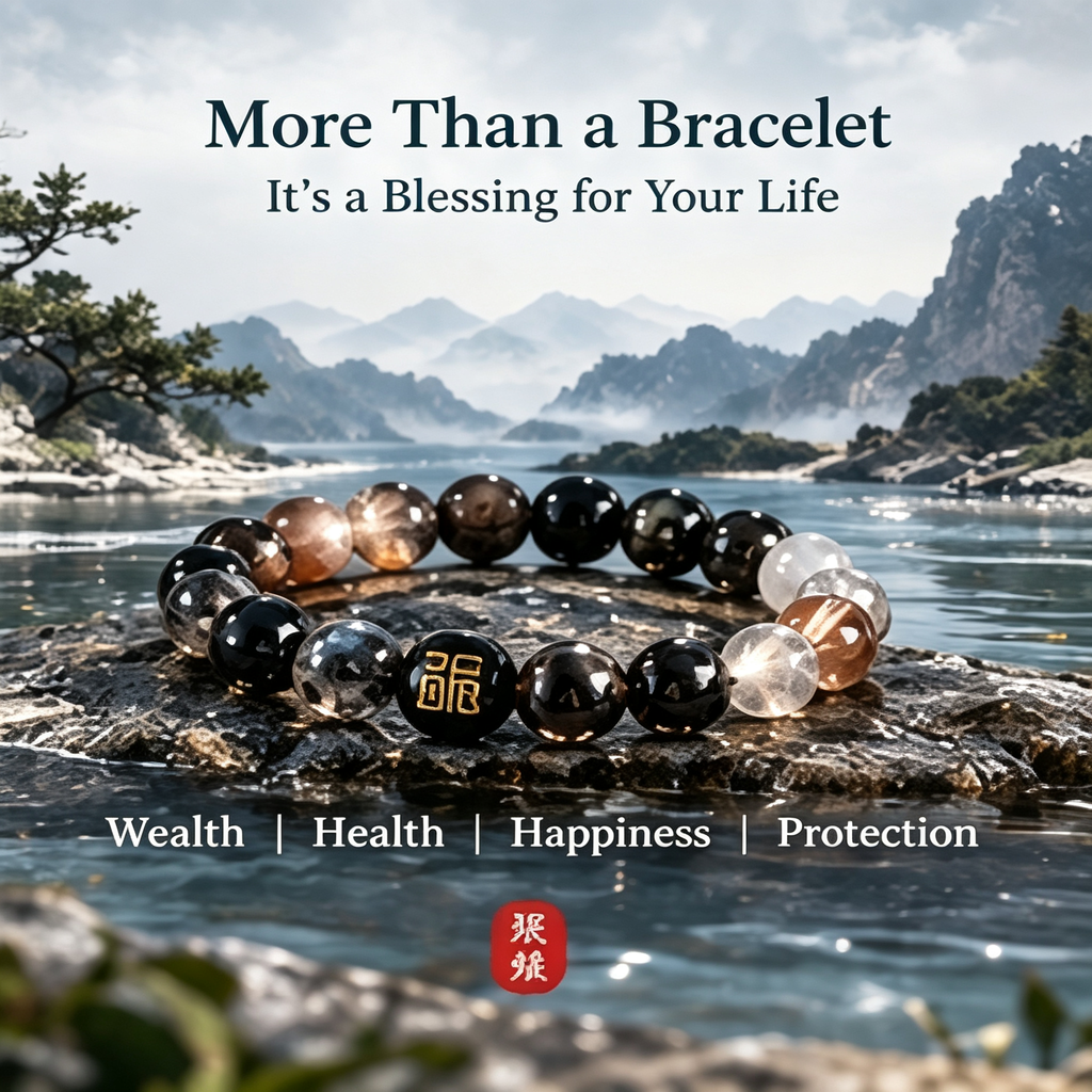 Five Elements Water Crystal Blessing Bracelet | Natural Obsidian & Black Tourmaline Feng Shui Jewelry